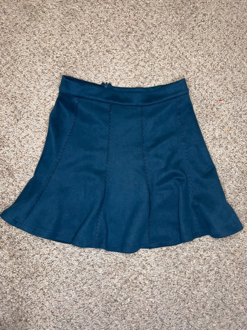 Teal Faux Suede Mini Skirt Scallop Seam A-Line Size Small Soft Velvet Feel - Picture 3 of 9